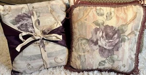 Pair Croscill Accent Throw Pillows Plum Purple Satin Fringe Victorian Floral 15” - Picture 1 of 15