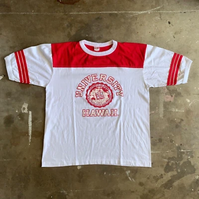 80s VINTAGE UNIVERSITY OF HAWAII RINGER T-SHIRT SZ XL HAWAIIAN SURFING SURFER - Image 1 of 4