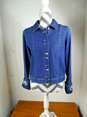 Emma James Womens 8P Petite Blue Button Down Denim Jean Embroidered Jacket Top  - Image 1 of 4