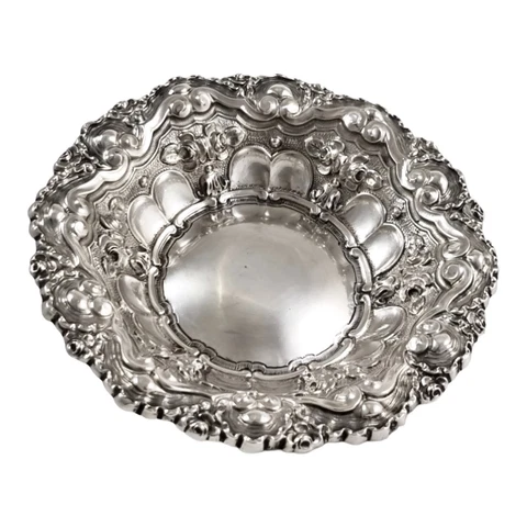 Portuguese 833 silver fruit bowl, eagle mark, scroll, flowers Rococo, Porto 162g Cover
