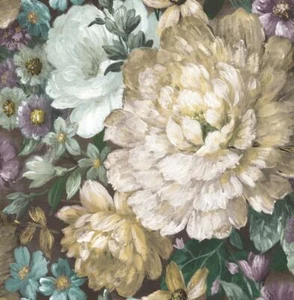 Wallpaper Large Painterly Floral Green Teal Gray Yellow Blue Lavender on Brown - Picture 1 of 1