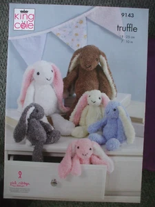 KNITTING PATTERN BUNNY RABBITS SOFT TOY ANIMAL KING COLE 9143 TRUFFLE 7-10IN VGC - Picture 1 of 3