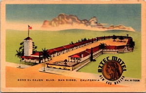 SAN DIEGO, CALIFORNIA - AZTEC MOTEL - VINTAGE LINEN POSTCARD - Picture 1 of 2