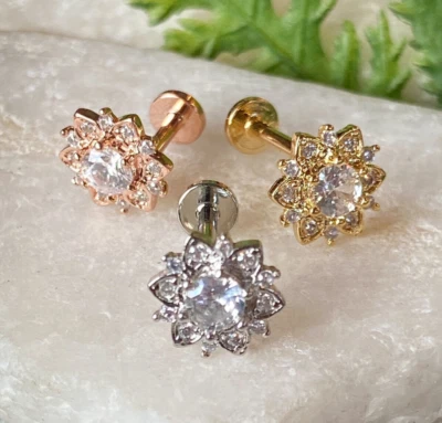 1pc CZ Paved Flower 16g Labret Internally Threaded Steel Monroe Tragus Helix - Image 1 of 4