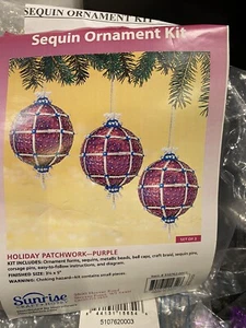 Sunrise Patchwork Purple Sequins Beaded Pin Christmas 3 Ornaments Kit New - Picture 1 of 10