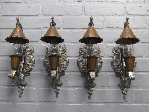 Set of 4 RARE Storybook Sconces Arts & Crafts Tudor Gothic Smoke Bell Sconces Cover