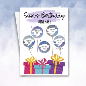 Cupón personalizado de cumpleaños itinerario tarjeta de rascar regalo sorpresa revelar holo - Imagen 1 de 7