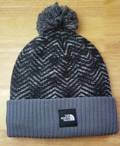 The North Face Kids Beanie Chevron Fleece Lined Pom Black Gray - Picture 1 of 4