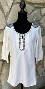 EDDIE BAUER Womens Tunic Top Medium Beige Embroidered Excellent Condition - Picture 1 of 10