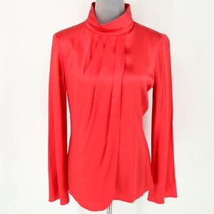 Armani Collezioni Top Womens 8 Orange Red Silk Satin Pleated Zip Blouse New - Picture 1 of 18