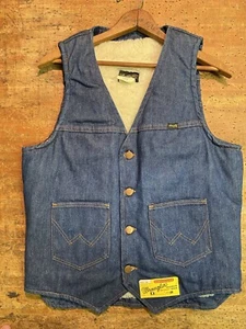 VTG 70s 80s Wrangler Denim Vest M Blue Sherpa Lined Western Wear DEAD STOCK NOS - Picture 1 of 13