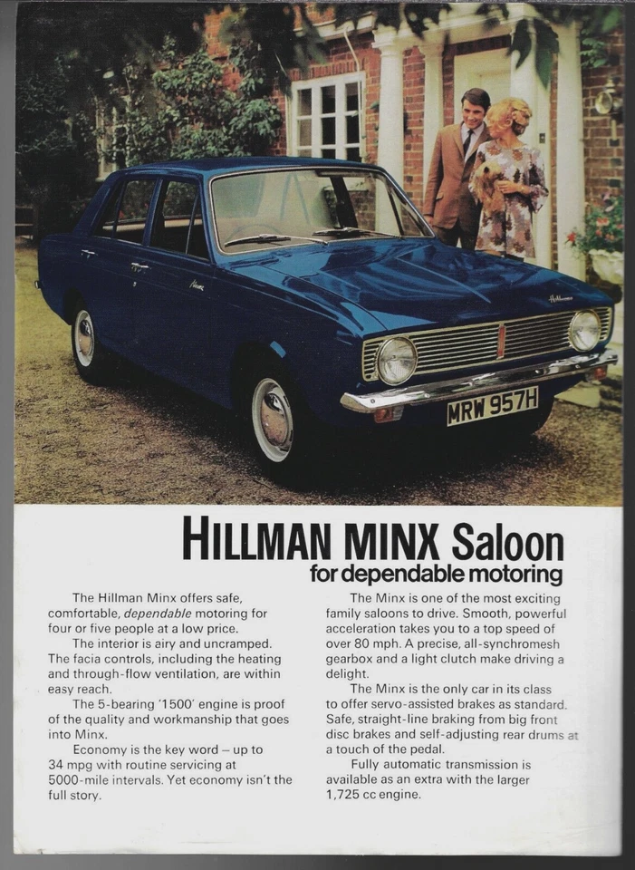 Hillman Minx Saloon 1970 UK Market Single Sheet Sales Brochure 1500 1725 Arrow - Image 1 of 1