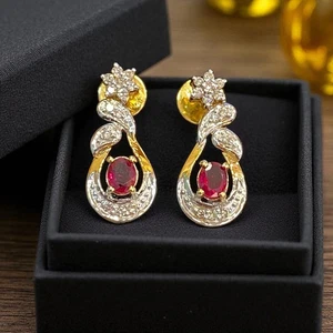 0.90 Cts F/VS1 Round Brilliant Cut Diamonds Ruby Dangle Earrings 14K Yellow Gold - Picture 1 of 11