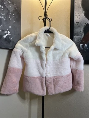 Epic Threads Girls Soft Faux Fur Coat Cream/Pink Collar Size 6 - Image 1 of 4