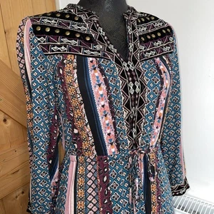 MONSOON Multicolour Jersey & Velvet Smock Boho Gypsy Midi Tiered Dress SIZE M - Picture 1 of 14