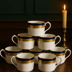 Vintage Aynsley Bone China Tea Cups Cobalt Royale Gold Gilt Set of 9 England - Picture 1 of 7