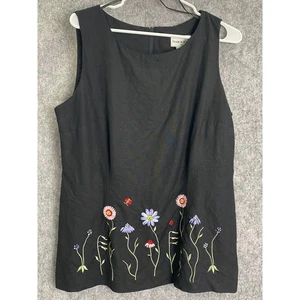 Fashion Bug Black Linen Blend Sleeveless Top Floral Embroidered Size 14 - Picture 1 of 4