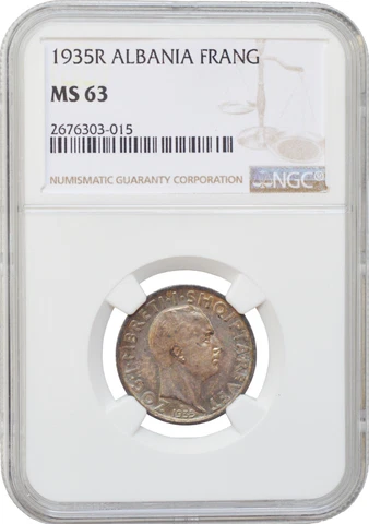 Albania 1 frang ar 1935 R, NGC MS63, "King Zog I (1928 - 1939)" silver coin Cover