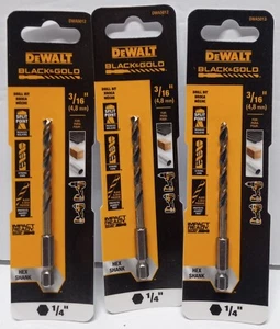Lot of 3 DeWalt 3/16" Drill Bit Black & Gold DWA5012 Split Point 1/4" Hex Shank - Picture 1 of 2
