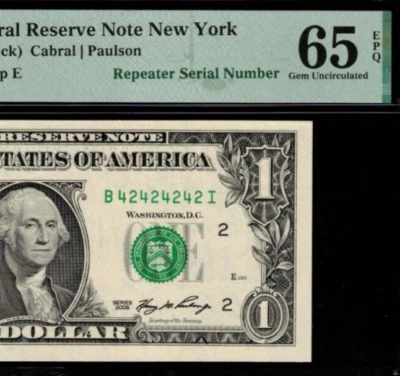 2006 $1 Federal Reserve Note PMG 65EPQ birthday fancy super repeater 42424242 - Image 1 of 3