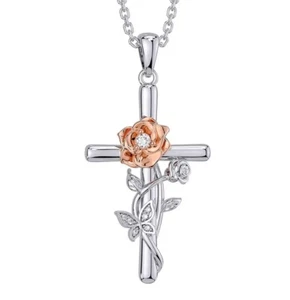 Rose Golden Floral Flower Cross Pendant Fashion Necklace Gift Pink Silver Color - Picture 1 of 4