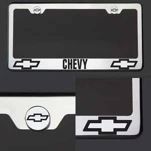 New Chrome T304 License Plate Frame Tag Chevy Black Letter Laser Etched Engraved - Picture 1 of 7