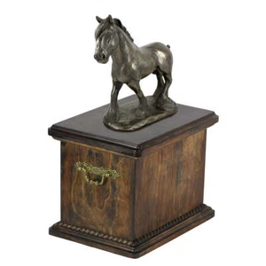 Solid wood urn for horse with Bronze Statue - Clydesdale Scotland  Horse - Foto 1 di 7