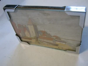 Signed French Seaside w/ 1930s 3.25" Chrome Plated FOFRAME 1903 Rd Gr Britain - Picture 1 of 12