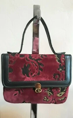 Vintage Red Wine Floral Velvet Tapestry Satchel Handbag Purse - VGUC - S - Image 1 of 4