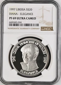 1997 LIBERIA SILVER 20 DOLLARS DIANA - ELEGANCE - NGC PF 69 ULTRA CAMEO - Picture 1 of 4