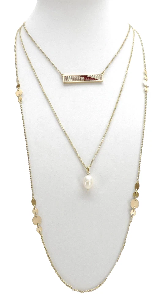 31” Lucky BRAND Gold Tone Beaded Layer Pendant Necklace Sm12