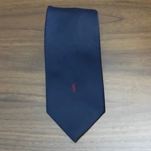 Corbata vintage Yves Saint Laurent azul liso con logotipo bordado rojo YSL - Imagen 1 de 7