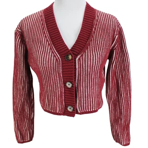 Lulus Get the Stripe Ribbed Cropped Cardigan Sweater Womens Size M Wine V Neck - Picture 1 of 6