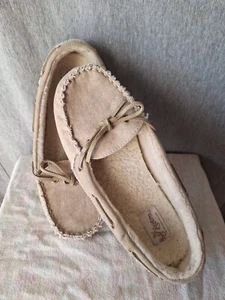 Vintage Esteem Beige/Tan Canvas, Shearling Lined Moccasin Slippers WomenSize 8M - Picture 1 of 9