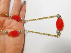 Signed Napier Orange Red Glass Beaded Chain Linked Necklace 30 Inches Vintage - Picture 1 of 5