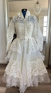 Vintage 50s 60s Handmade Lace Tulle Wedding Dress Gown Tiered With Jacket - Picture 1 of 21