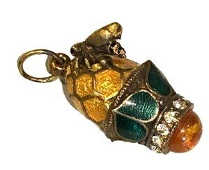 Vtg Russian Egg Pendant /Charm Sterling Amber Enamel Bee-Bee Hive/Honeycomb-RARE - Picture 1 of 8