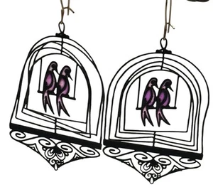 Vintage 70's Purple Lovebirds In A Black Enamel Delicate Dangle Cage Earrings - Picture 1 of 2