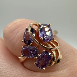 14CT ROLLED Gold Ring Hallmarked 585 RG Size 8/Q UK Amethyst Clusters Gift Idea - Picture 1 of 10