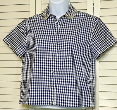 J. Crew Collection Embellished Top Blouse 0 Cotton Gingham Crop Shirt Blue White - Image 1 of 4