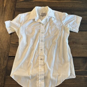 1970s H Bar C RANCHWEAR California White Floral Embroidered Snap Button Shirt 36 - Picture 1 of 8