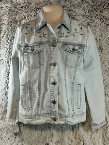 Antigua Chaqueta Azul Marino Y2K Grande Denim y Estrás Lavado Ligero Boho Floral Festival - Imagen 1 de 14