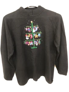 The Quacker Factory Womens Black Christmas Tree Sequin Sweater Ugly Sweater SZ L - Picture 1 of 7