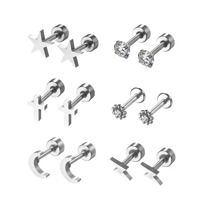 6 Pairs Surgical Steel Small Flat Back Studs Cartilage Earrings Hypoallergenic - Image 1 of 2