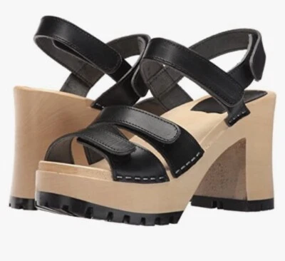 Swedish Hasbeens Women's Black Leather Velcra Heeled Sandal 38 NEW *Rare* - Image 1 of 4