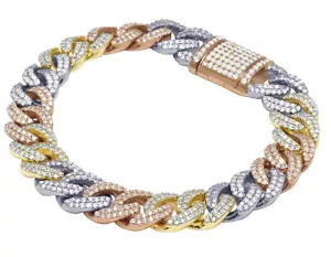 Men's 10K Tri-Color Gold Real Diamond Miami Cuban Bracelet 8 3/5 CT 12MM 8.5" - Picture 1 of 5