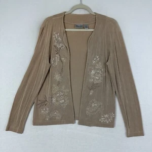 Chico's Travelers Strickjacke taupe Slinky Strick vorne offen bestickt Gr. 1 - Bild 1 von 11