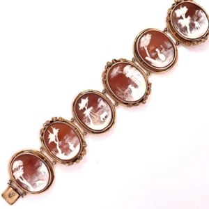 Antique Victorian Shell Cameo Gold Bracelet 14K Scenic Italian 19th C Bangle - Picture 1 of 7