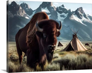 Native Buffalo Art Stretched Canvas Wrap Print Giclee Vintage photo Art - Picture 1 of 2