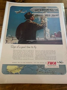 Vintage 1940 TWA Sign Of A Good Time To Fly Snow Covered Road Signs ad - Picture 1 of 1